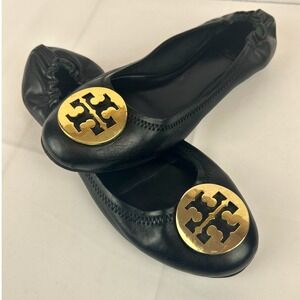 Tory Burch Minnie Travel Ballet Flats Black Leather Gold Logo Medallion Size 8